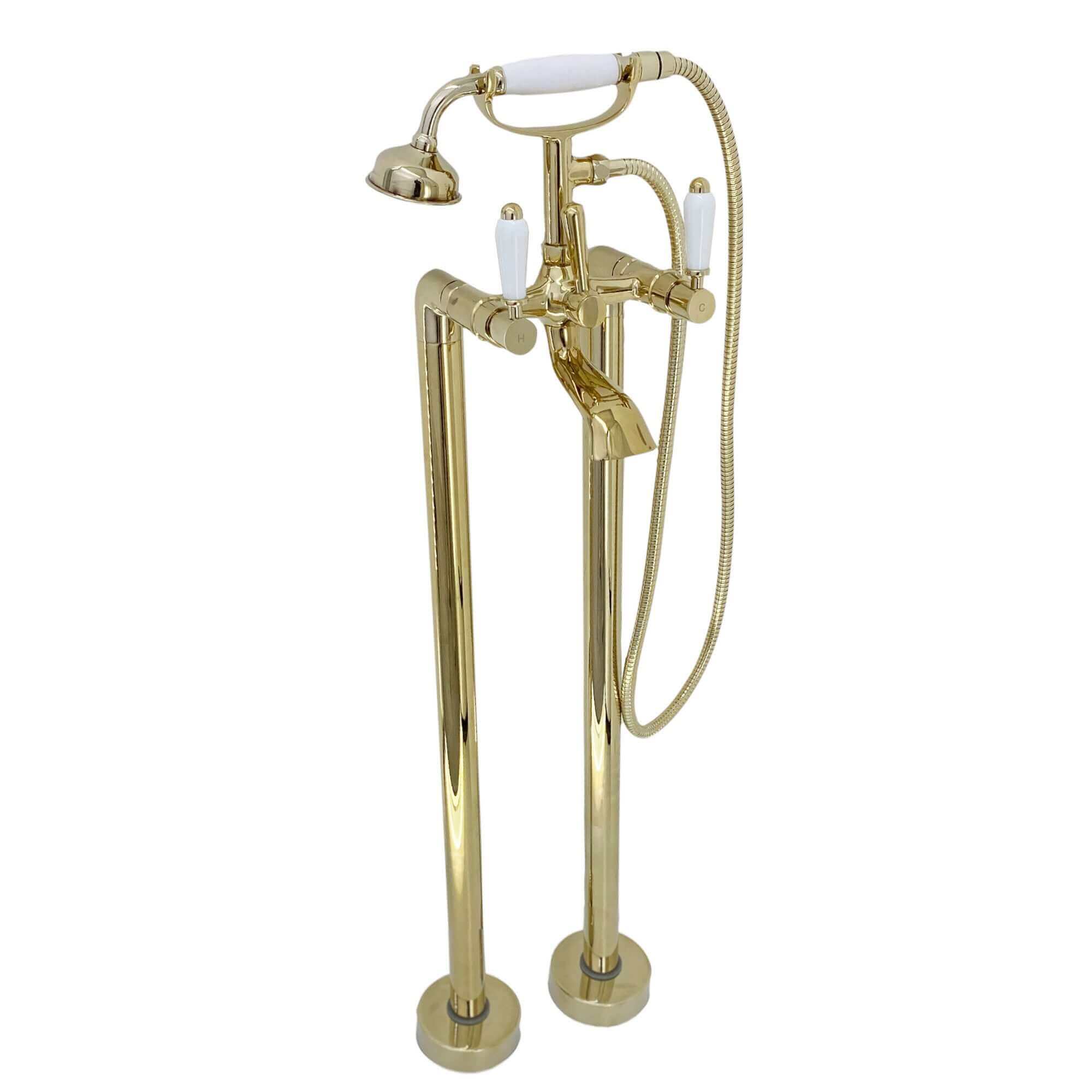 Buy Downton floorstanding bath shower mixer tap with white ceramic levers - gold Online UK | HOUSE OF ENKI